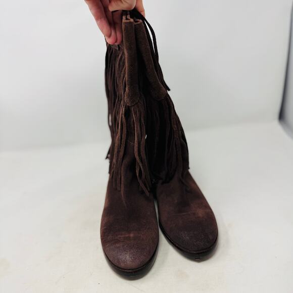 Lucky Brand Suede Fringe Western Boots Brown Mid-Calf Pull On Size 8 - Picture 2 of 11